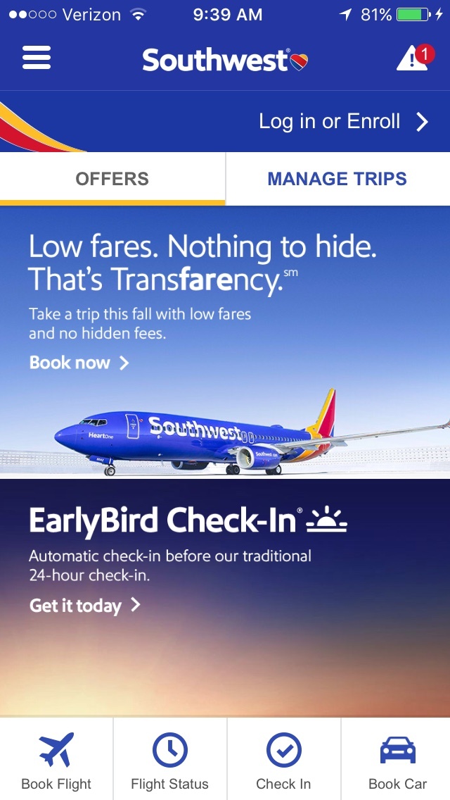 Southwest Airline mobile app homepage