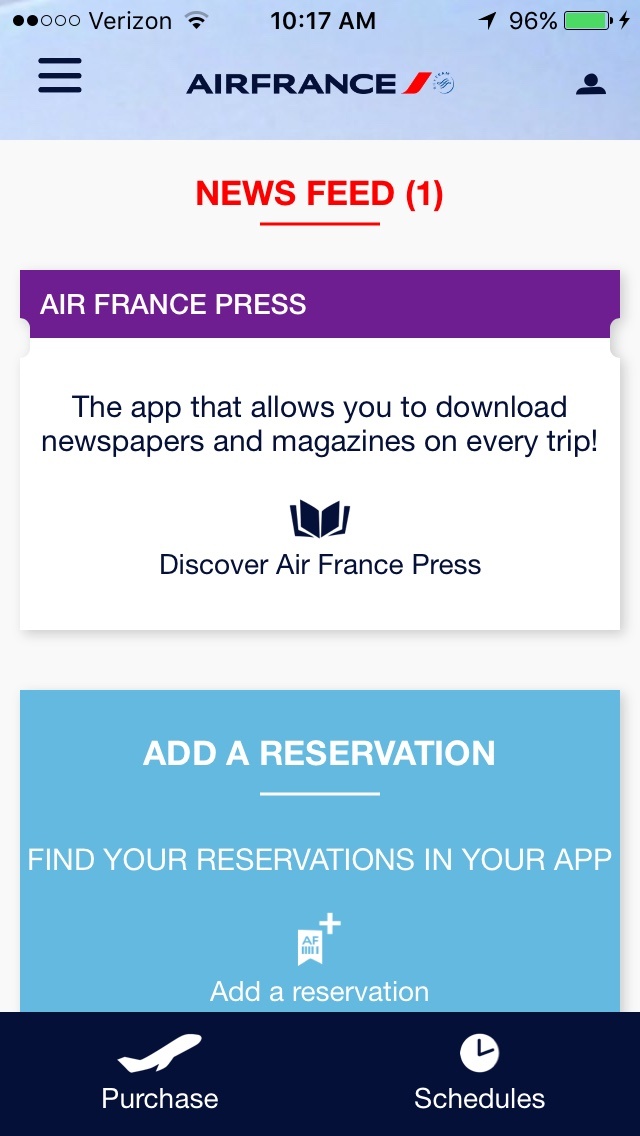 Air France mobile app homepage